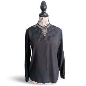 Vintage 80s Elite International Black Embroidered Blouse with Mesh Collar Small